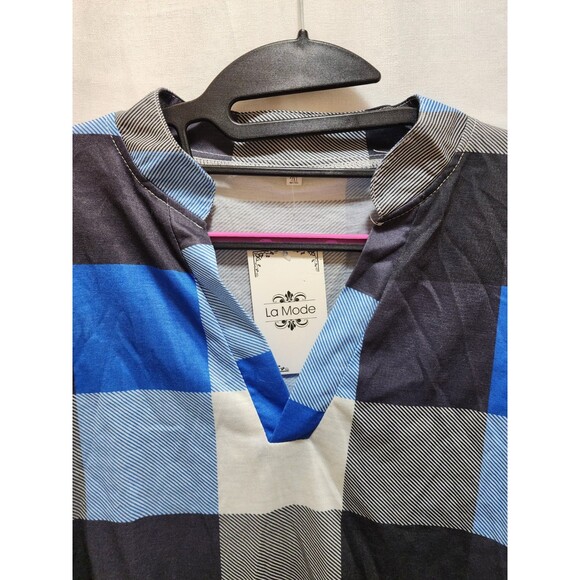 LA MODE WOMEN 2X BLUE PLAID NEW BLOUSE CHECKERED NAUTICAL WORK SHEER OFFICE FARM - Picture 7 of 15